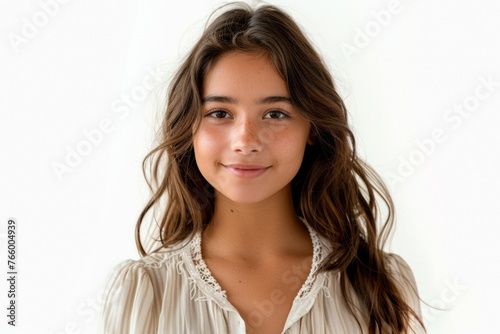 A young woman with long brown hair and a white shirt