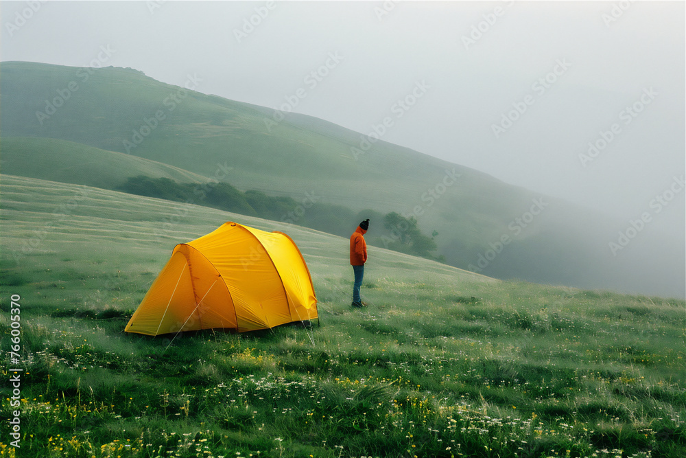 Person camping with yellow tent on the green field hill in foggy morning