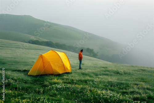Person camping with yellow tent on the green field hill in foggy morning
