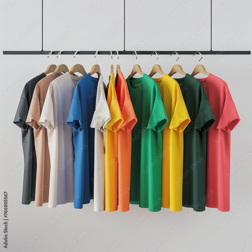 Fototapeta premium Close-up of Colorful t-shirts on hangers isolated on white background, copy space