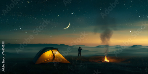 Person camping with yellow tent and camp fire on the meadow hill at night with crescent moon and stars