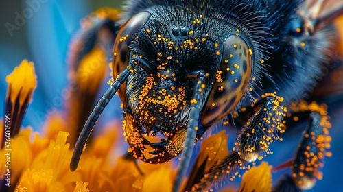 Macro shot: A bee's eye, intricate details visible, surrounded by pollen on a bright flower