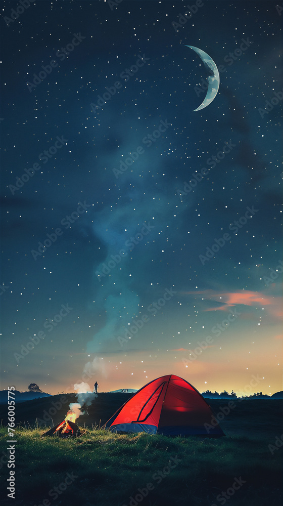 Person camping with red tent and camp fire on the field hill at night with crescent moon and stars