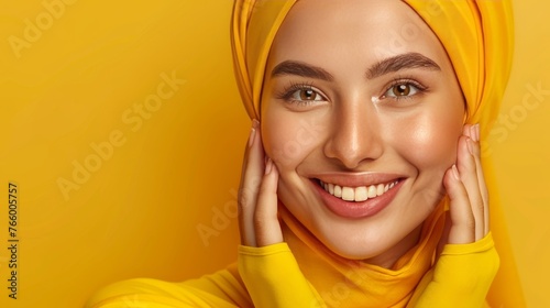 Radiant asian muslim woman smiling, wishing eid mubarak on pastel background with copy space © Ilja