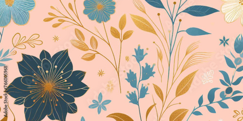 Seamless floral pattern with flowers and leaves. Vector illustration in trendy colours.  