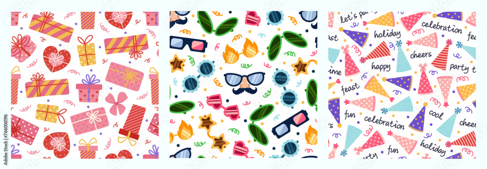 Party set of seamless vector patterns. Festive elements - birthday hats, colorful gifts with bows, funny glasses and carnival masks. Surprise for a birth, holiday, event. Backgrounds for celebration