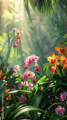 Majestic Display of Vibrant JQ Orchids in Full Bloom amidst a Tropical Forest Landscape