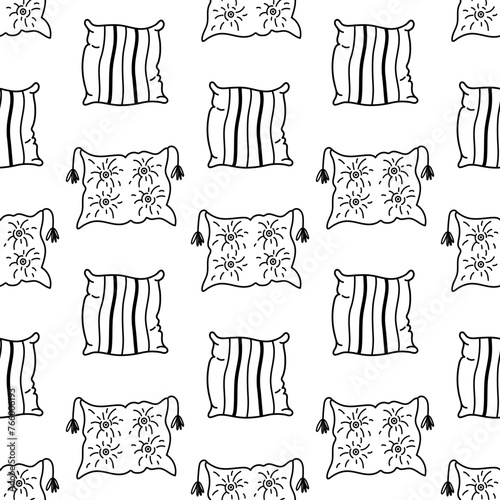 Pillow seamless vector pattern. Black and white bedroom accessories with tassels, folds, stripes. Home cushion for bed, sofa. Feather pad. For sleep, dream, relax, nap. Hand drawn doodle background