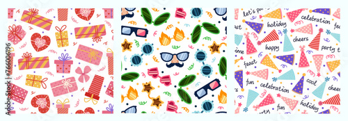 Party set of seamless vector patterns. Festive elements - birthday hats, colorful gifts with bows, funny glasses and carnival masks. Surprise for a birth, holiday, event. Backgrounds for celebration