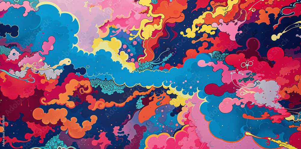 Fantastical Chromatic Rhapsody: A Dazzling Retro 90s-Inspired Pop Art Canvas Brimming with Abstract Whimsy and Psychedelic Cloudscapes Fantastical Chromatic Rhapsody: A Dazzling Retro 90s-Inspired Pop Art Canvas Brimming with Abstract Whimsy and Psychedelic Cloudscapes