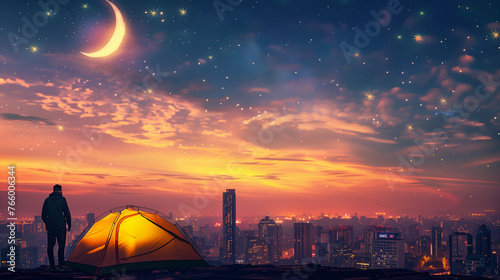 Person camping with yellow tent on the hill with city view in sunrise morning with crescent moon