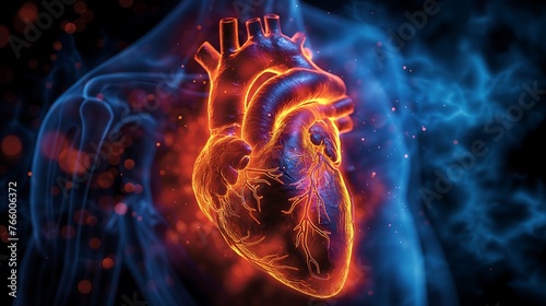 Illustration of a heart attack transparent background, in medical illustration style The human body is seen from the front and glows blue with an X-ray effect showing. AI image Generative