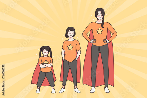 Happy childhood and playing superman concept. Smiling happy mothers and daughter in coats pretending to be superheroes at home during playing game together illustration 