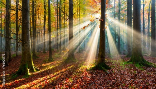 Autumn's Embrace: Sunbeams Filter Through Morning Forest Canopy