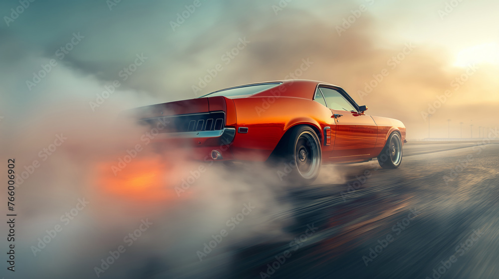 a sport car making a high speed burnout. Car burning out and creating smoke.