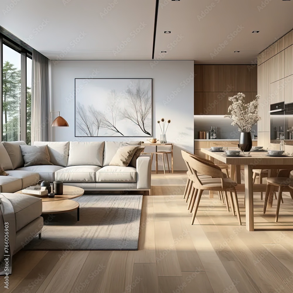 Fototapeta premium a living room filled with furniture and a large window