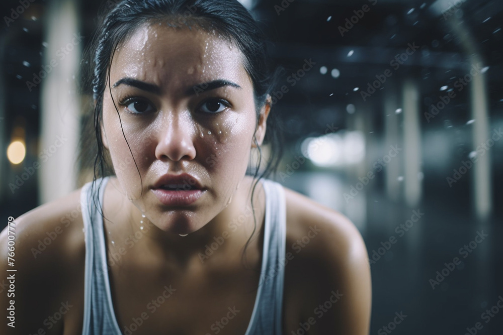 portrait of exhausted woman with sweat on face portrait of exhausted woman with sweat on face
