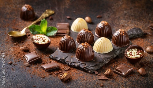 Decadent Delights: Chocolate Pralines Arranged on a Dark Chocolate Background