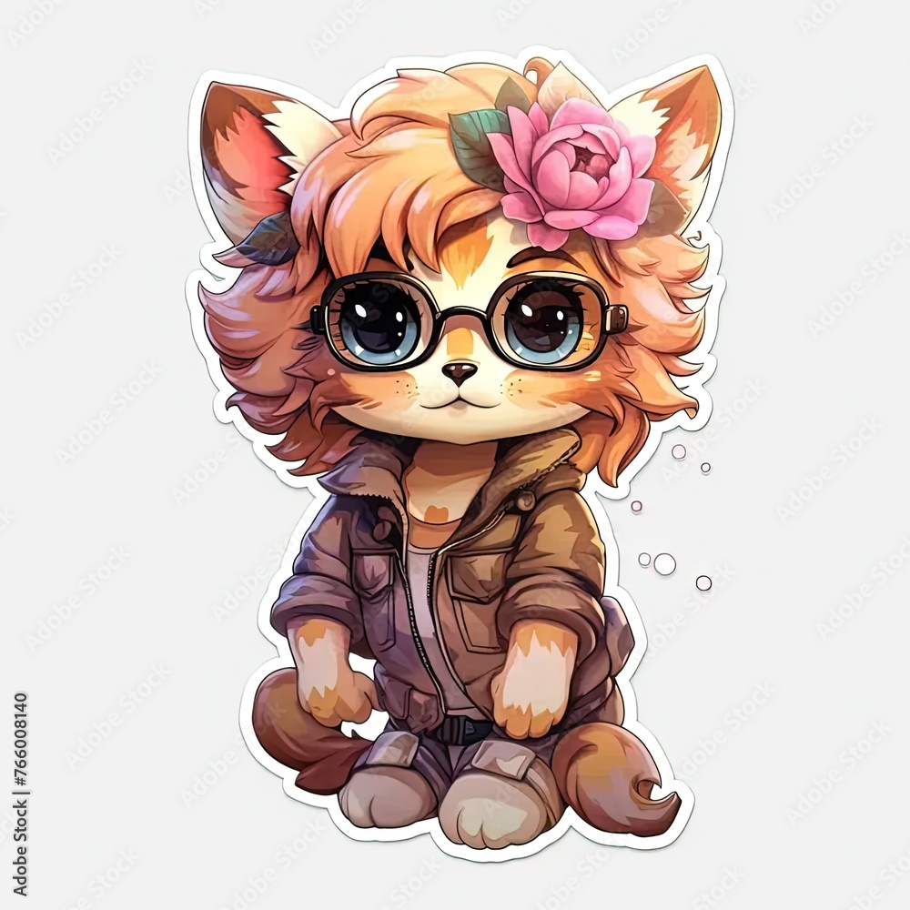a sticker of a cat with a flower in its hair