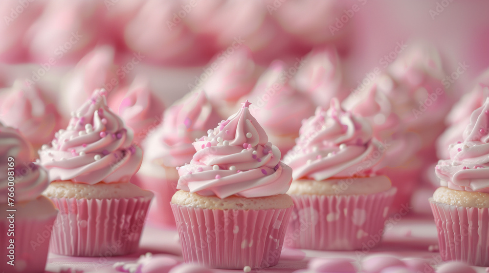 pink cupcakes with pink frosting, pink cake, pink food wallpaper, red wallpaper, pink wallpaper, blurred bokeh background, lifestyle, birthday and celebration wallpaper