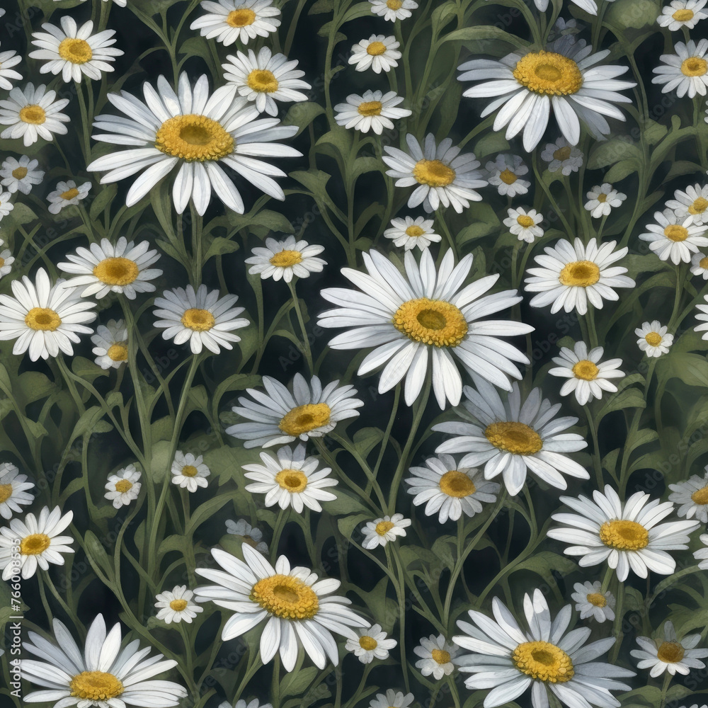 Seamless beautiful daisy flowers pattern delicate spring wallpaper design. Generative ai