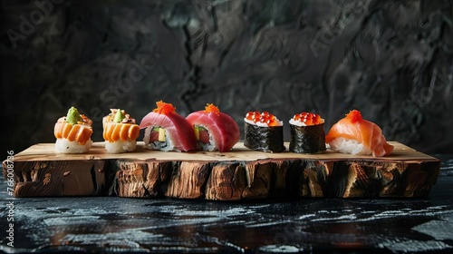 Elegant Sushi Platter with Nigiri and Rolls on Rustic Wooden Board, Dark Background, Food Photography