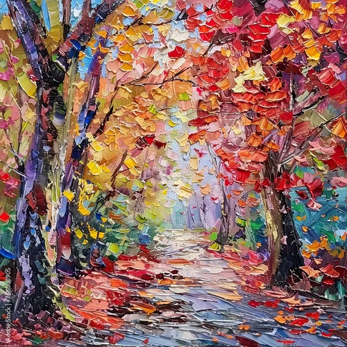a painting of a colorful tree lined road