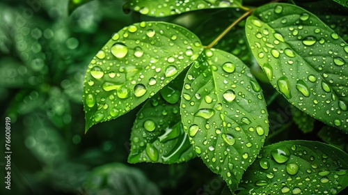 Macro shot of water droplets on vibrant green leaves, fresh nature photography