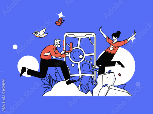 People exercising healthy running vector internet operation illustration
