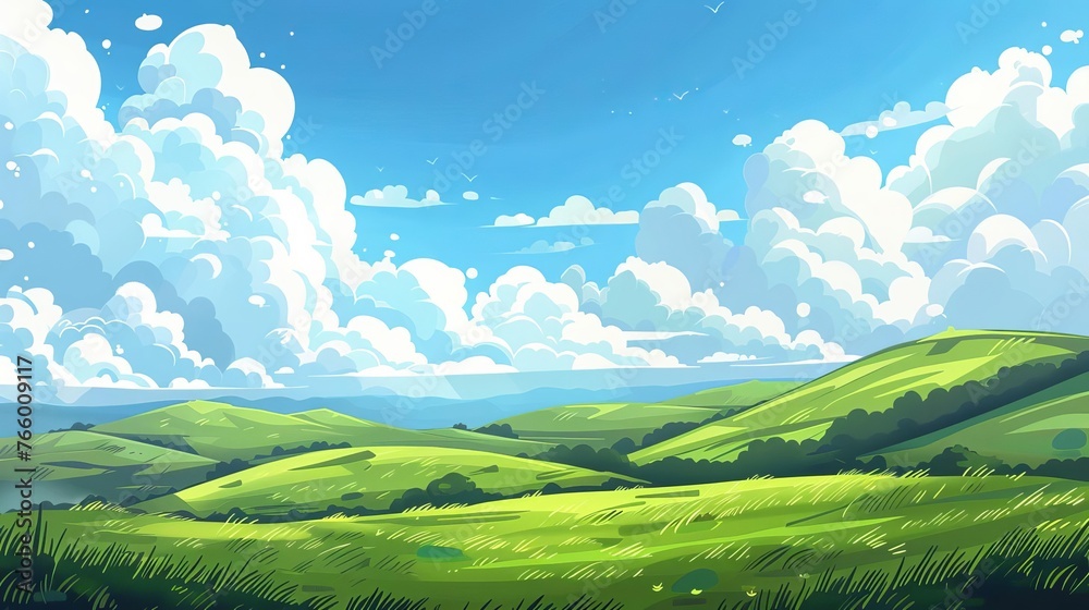 Serene Landscape of Green Grassy Hills and Blue Sky with Fluffy Clouds, Nature Scenery Illustration