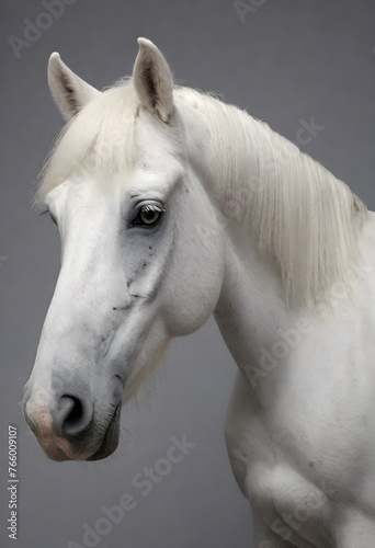View of wild horse, White horse with a well-groomed mane against a grey background