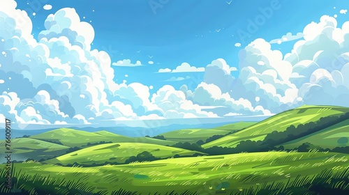Serene Landscape of Green Grassy Hills and Blue Sky with Fluffy Clouds, Nature Scenery Illustration
