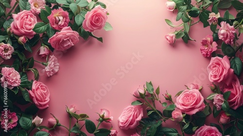 Happy Women's Day: Pink Roses & Flower Frame on Pastel Background - Top View with Space