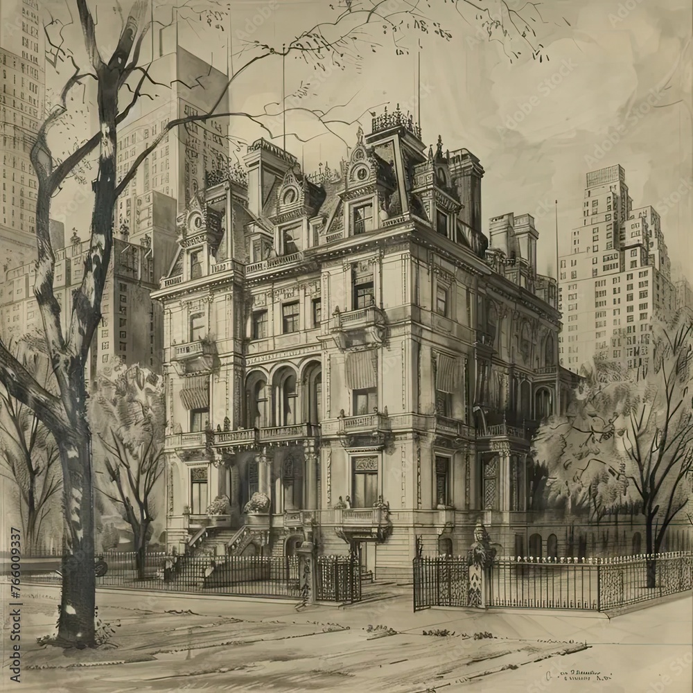 a drawing of a large building in a city