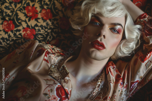 Transvestite man  person posing with make-up and dressed as a short-haired woman lying on the carpet  gay pride day