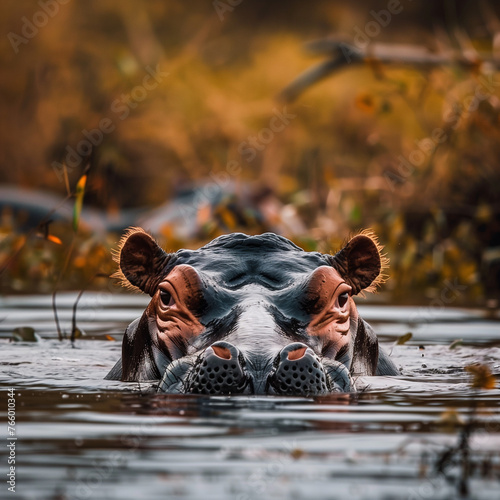 Hippo Peeking Above Water in Natural Habitat © HustlePlayground