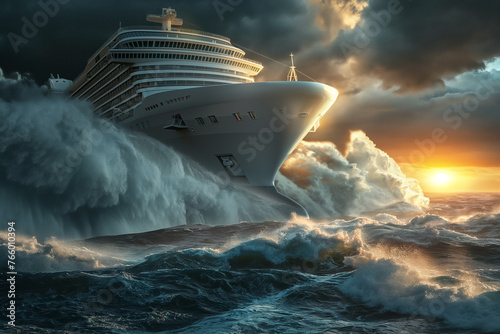 Luxury cruise ship in the sea with storm and dramatic clouds at sunset