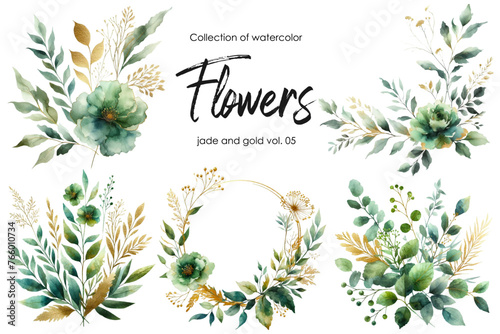 set of watercolor flowers and leaves on white background. hand painted flowers, gold and jade flowers witn leaves. wedding invitation, card, greeting card or invitation. vector collection