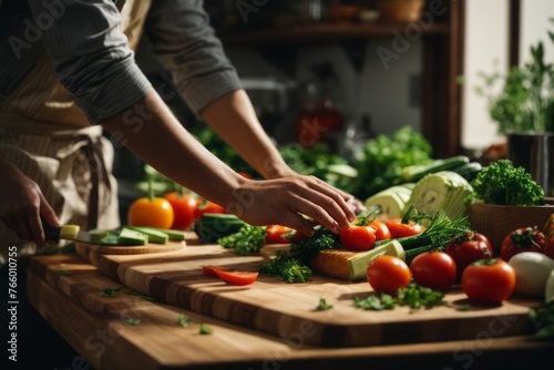chef hands cutting organic fresh vegetables in kitchen