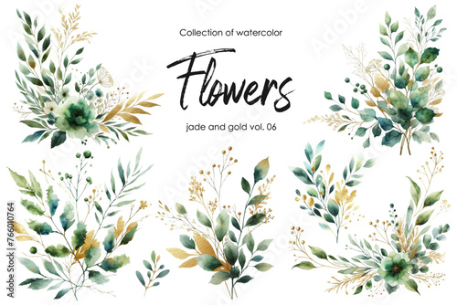 set of watercolor flowers and leaves on white background. hand painted flowers, gold and jade flowers witn leaves. wedding invitation, card, greeting card or invitation. vector collection