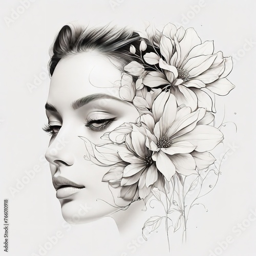 Abstract female face in one line. Woman face with flowers Surreal Line art female floral girl. Minimalism Abstract modern Continuous single line woman face portrait 