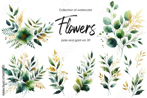 set of watercolor flowers and leaves on white background. hand painted flowers  gold and jade flowers witn leaves. wedding invitation  card  greeting card or invitation. vector collection