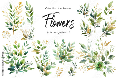 set of watercolor flowers and leaves on white background. hand painted flowers, gold and jade flowers witn leaves. wedding invitation, card, greeting card or invitation. vector collection