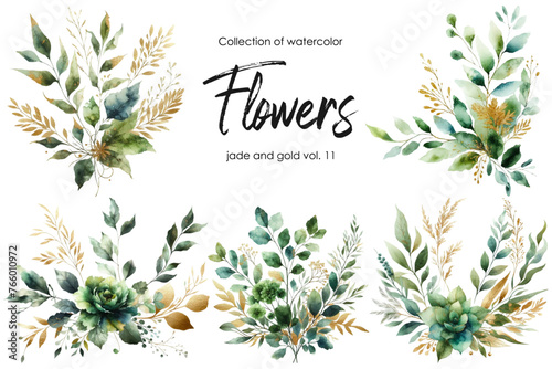 set of watercolor flowers and leaves on white background. hand painted flowers, gold and jade flowers witn leaves. wedding invitation, card, greeting card or invitation. vector collection