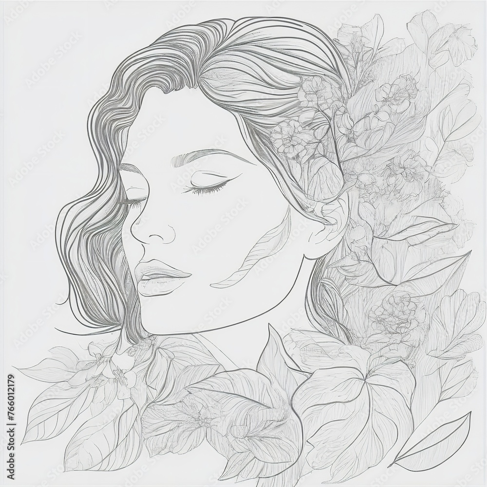 Abstract female face in one line. Woman face with flowers Surreal Line art female floral girl. Minimalism Abstract modern Continuous single line woman face portrait
