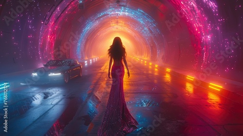 A fashion model in a futuristic metallic gown walking confidently down a runway  surrounded by dynamic  colorful lighting. Ensure the scene captures the reflective textures of the dress in high detail