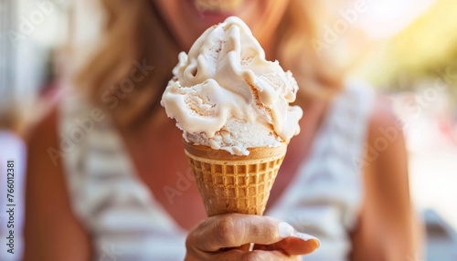 Senior savoring ice cream in urban park with blurred background, ideal for text placement