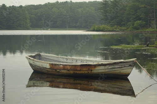 old wooden boat on the lake in the morning light