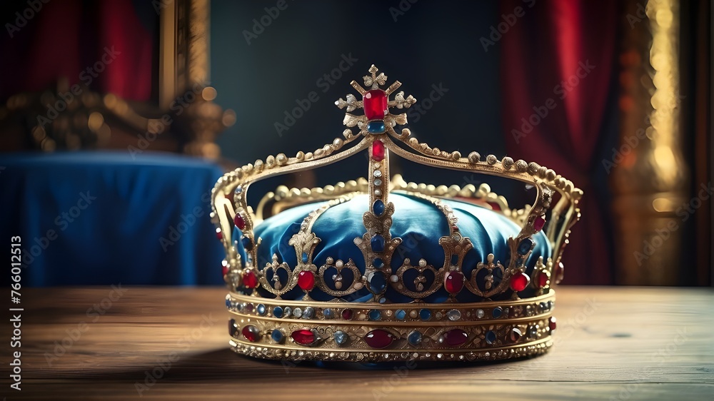 Beautiful queen king crown resting atop a wooden table in a low-key photograph. antique blue, red, and gold filtered crown