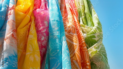 Closeup of a collection of beach sarongs  their tropical prints bursting with color against a backdrop of clear blue sky